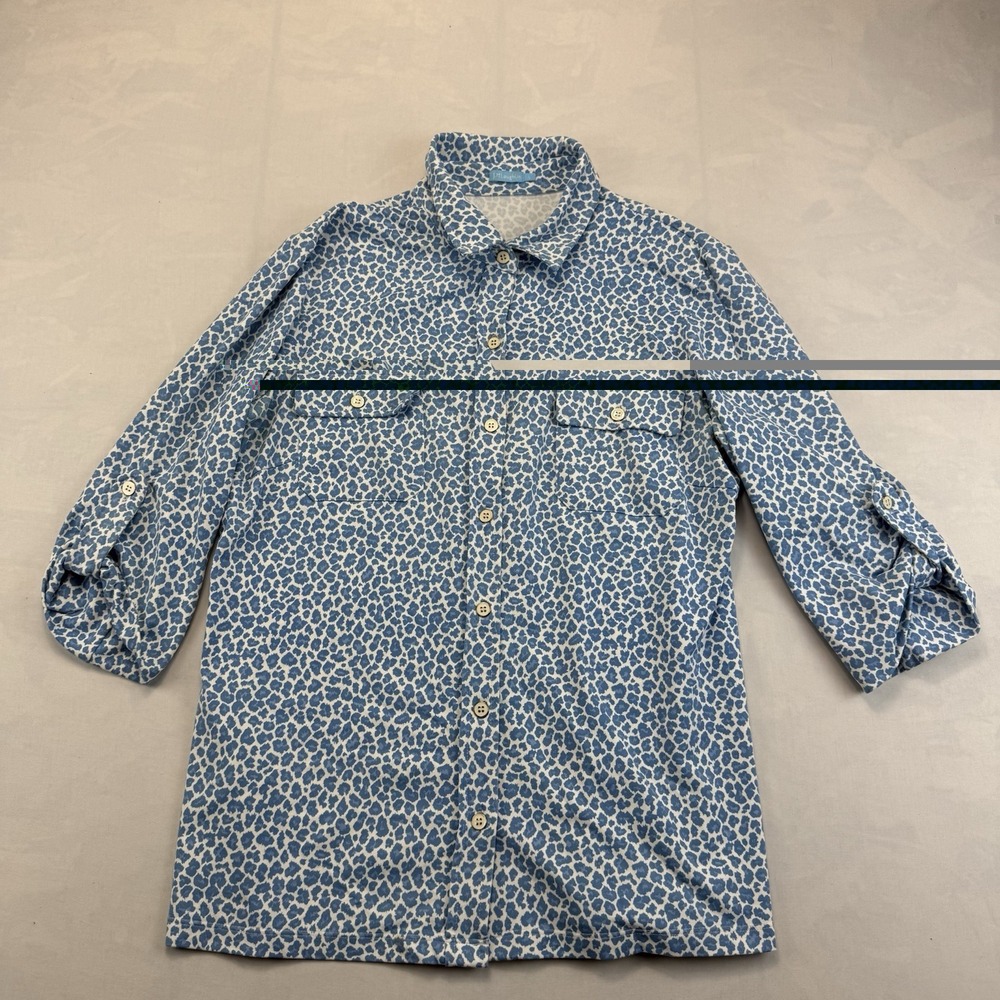 J. McLaughlin Women's Large Blue Leopard Print Button Down Shirt Roll Tab